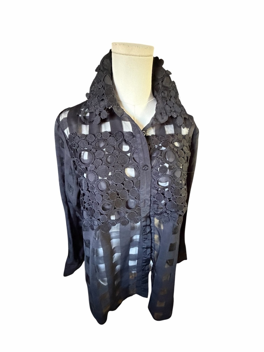 COMME USA Black Sheer Button-Up Blouse with Crochet Appliqué Sz Small
